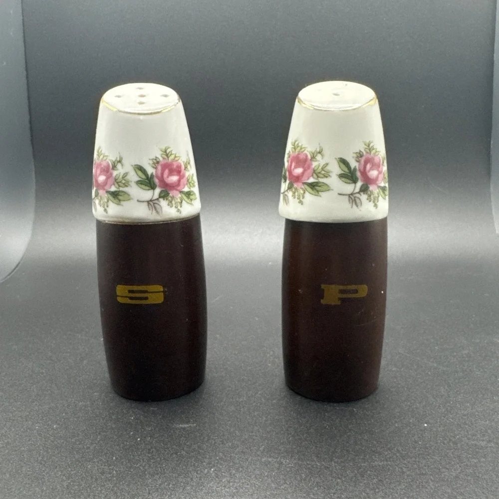 Vtg‎ Nevco Teak Wood Floral Porcelain Salt & Pepper Shakers Mid Century Boho 4